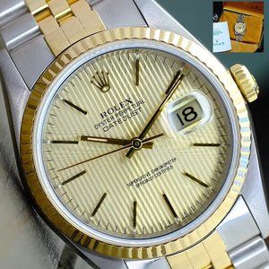 ROLEX MENS DATEJUST WATCH GOLD STEEL CHAMPAGNE INDEX DIAL FLUTED 36MM 16233